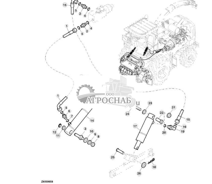 Гидравлические линии  цилиндр натяжения, доизмельчитель зерна  привод активного желоба 